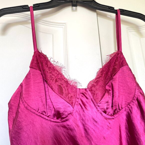 VRG GRL Fuschia Satin Slip Dress Lace - Picture 2 of 5
